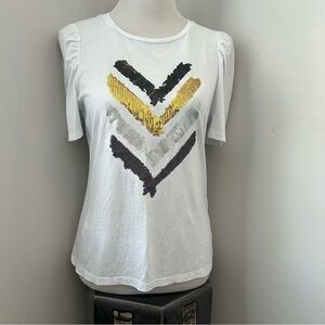 DKNY Ruched Puff Sleeve Mixed Media Logo Tshirt